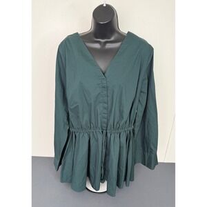 Lindex Women's V-Neck Tie Waist Long Sleeve Blouse Green Size 2XL Minimalist
